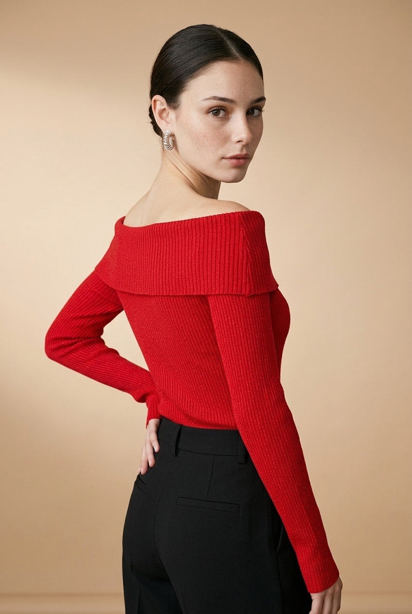 Off-Shoulder Long-Sleeve Ribbed Knit Top in Red | Casa Maly