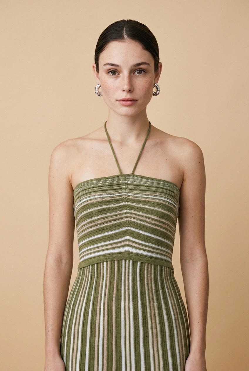 Trapani Green & Beige Trapeze Dress | Casa Maly
